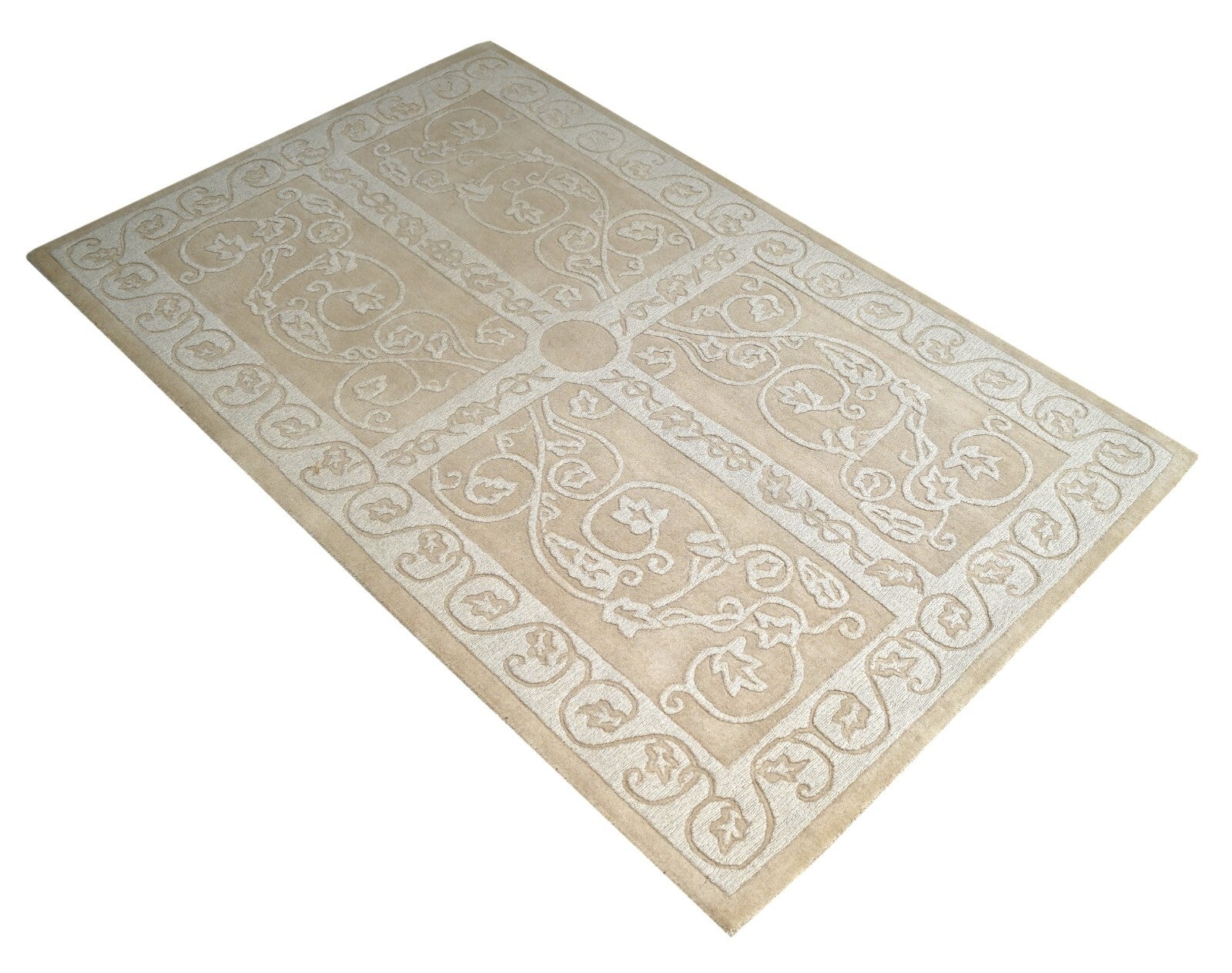 Handgetufteter Wollteppich 150x240 Creme Design mit Rand Wohnzimmer SH204