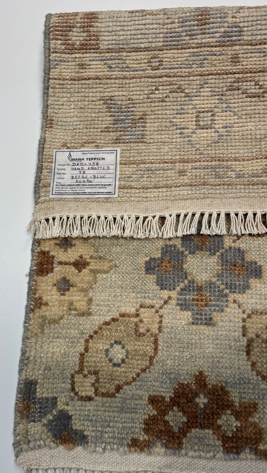 Handgeknüpfter Wollteppich 60x90 cm Kurzflor Modern Beige Teppich D758