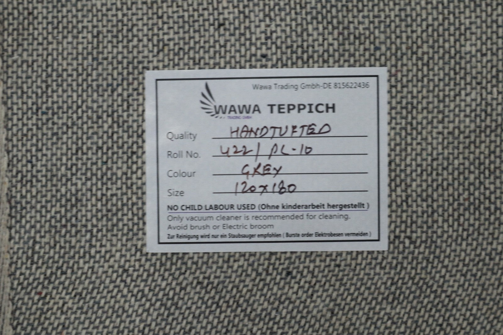 Gabbeh 地毯,100% 羊毛,纯灰色,120x180 厘米,手工制作,PL10