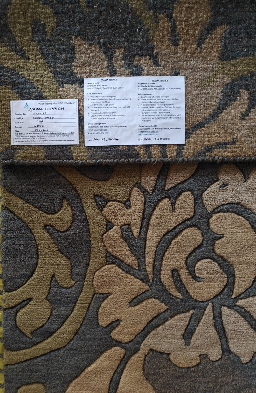 Modernes Handgeknüpfter Wolle 170x240 Vintage Grün Wohnzimmer Teppich SH178