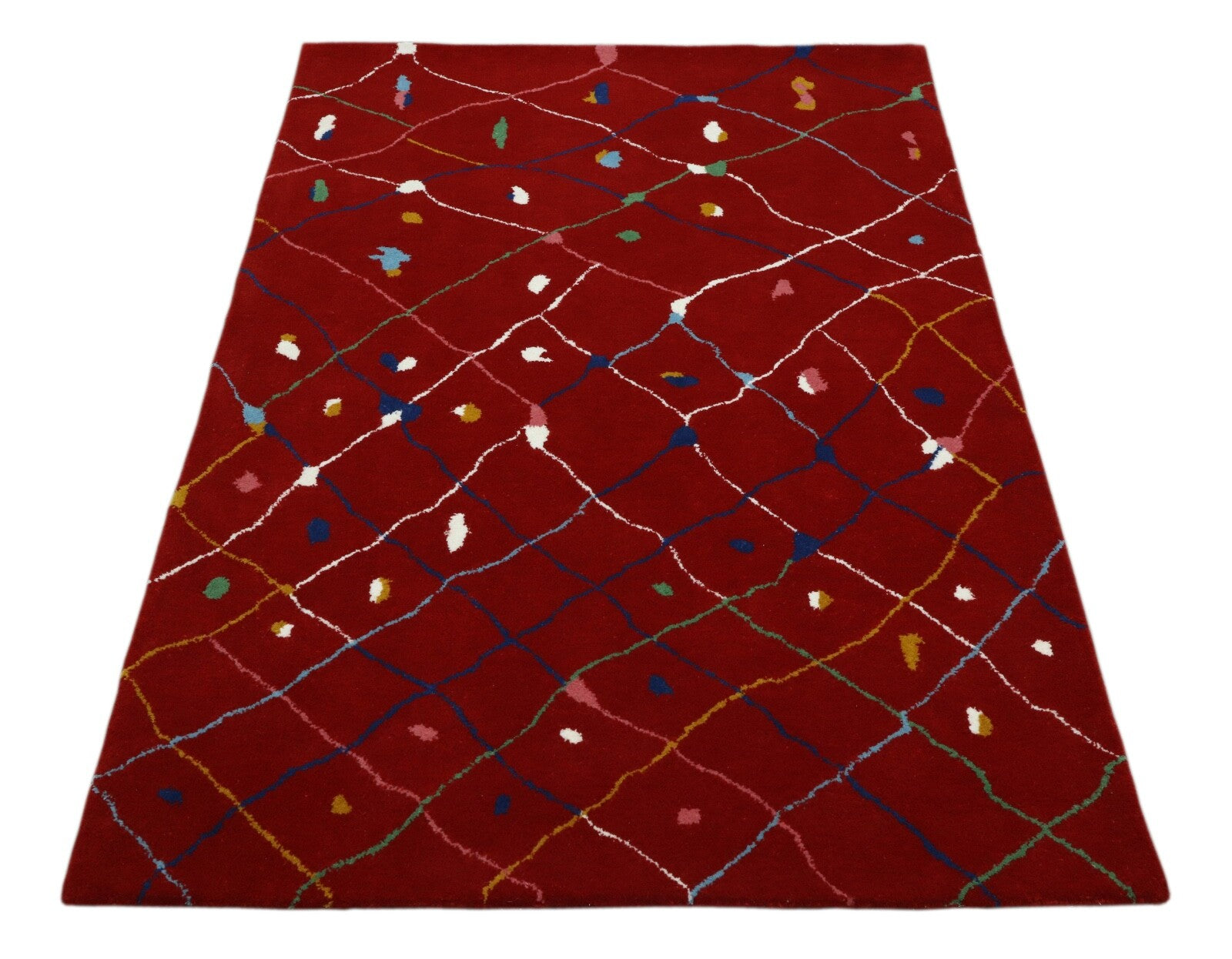 Wollteppich 120x180 Rot Bunt Rautenmuster Modern Marokko Teppich Handgetuftet