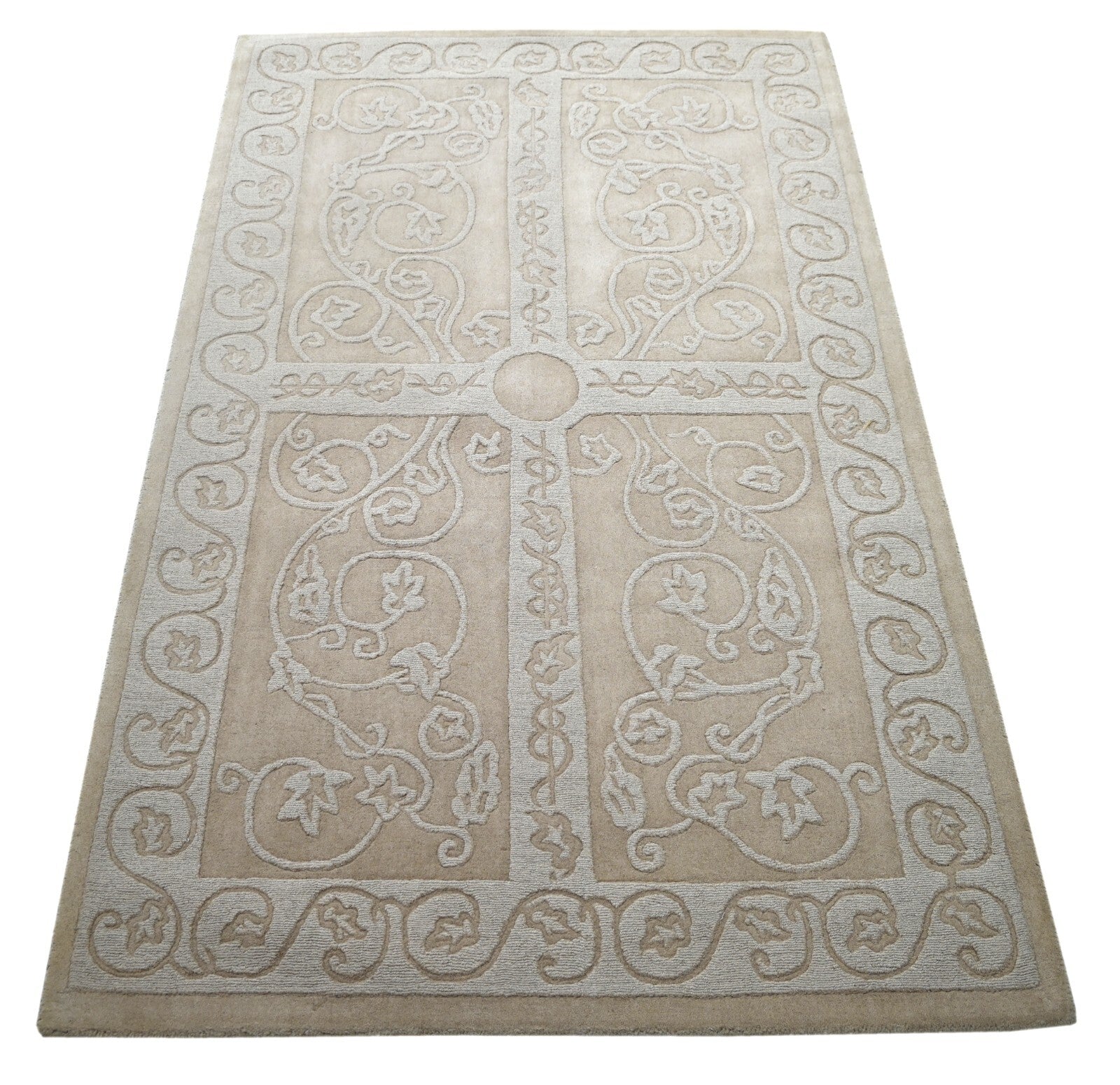 Handgetufteter Wollteppich 150x240 Creme Design mit Rand Wohnzimmer SH204