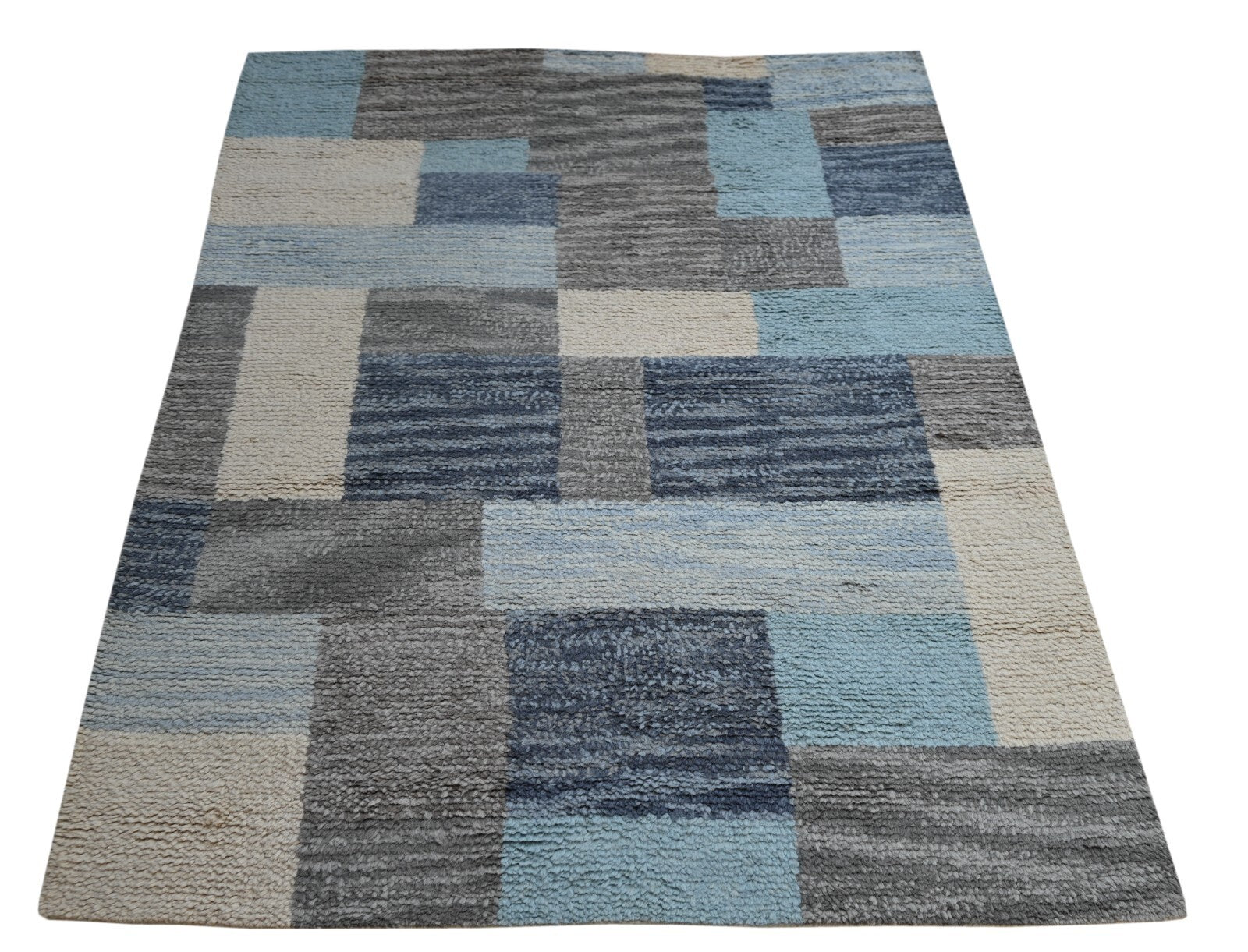 Modernes Handgeknüpfter 150x240 Wolle blau weiß Wohnzimmer Teppich SH104