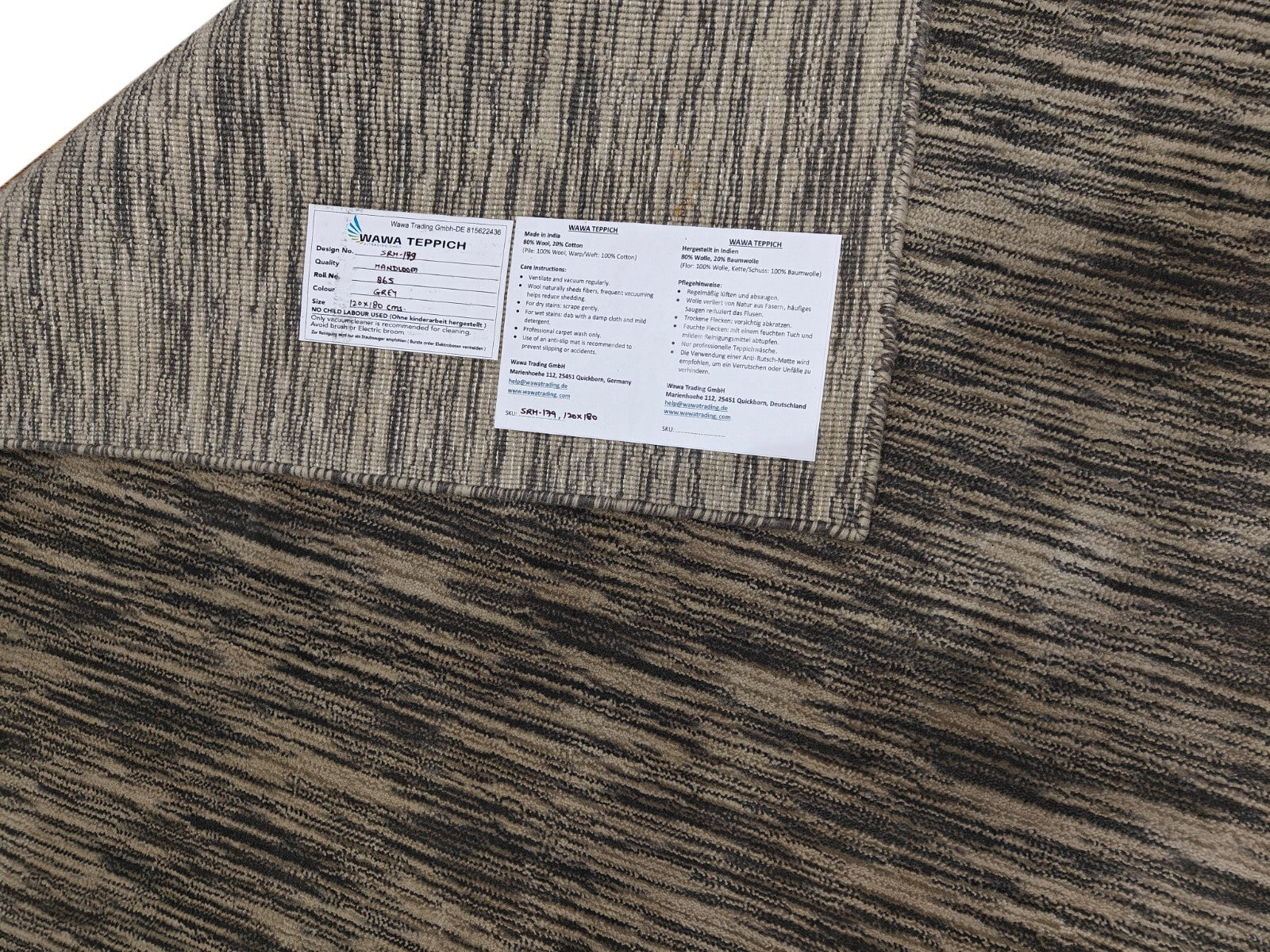 Handgewebter Teppich 120x180 Grau Glanzoptik Wolle Wohnzimmer SH179