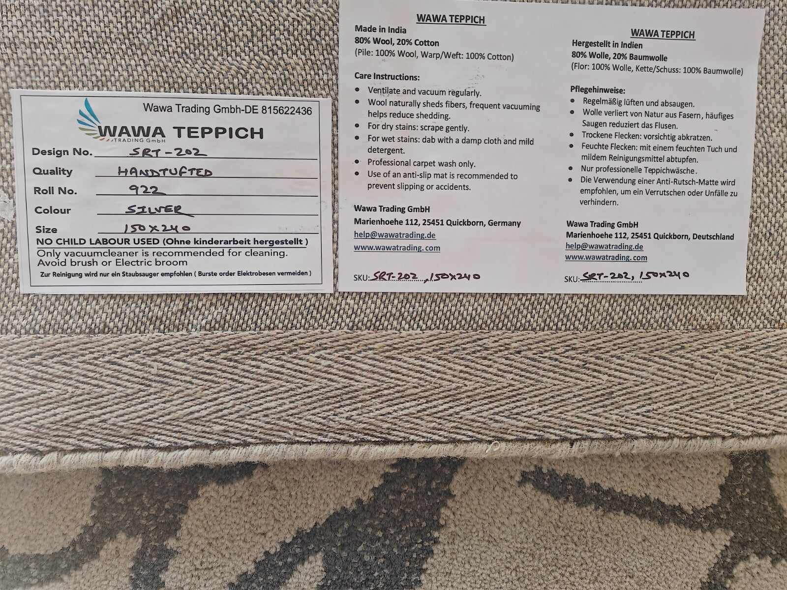 Handgetufteter Wollteppich 150x240 Silber Baum Muster Modern Wohnzimmer SH202