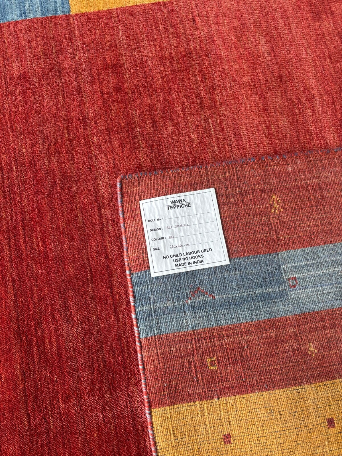 Wollteppich 250x350 Rot Blau Gelb Handgewebt Modern Unikat Orient Teppich Br13