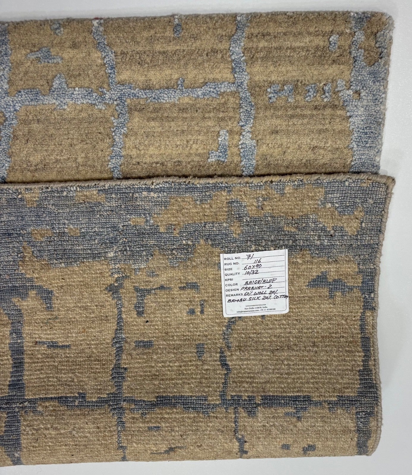 Handgeknüpfter Design Teppich 60x90 Beige Blau Wolle Bambus Seidenglanz R116