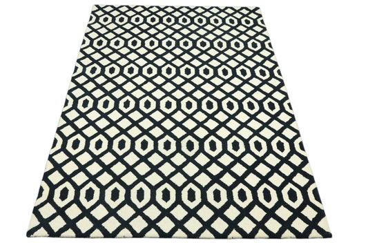 Beige Schwarz Teppich 100% Wolle 160X230 cm Handarbeit Handgetuftet T930