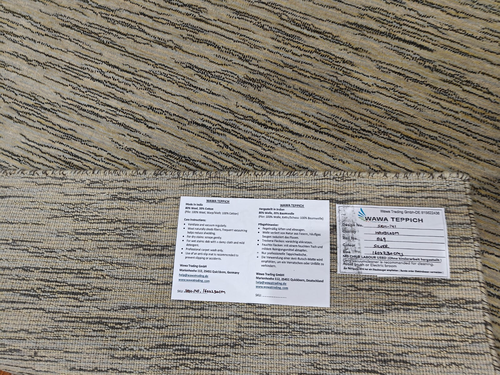 Handgewebter Teppich 160x230 Silber Glanzoptik Wolle Wohnzimmer SH141