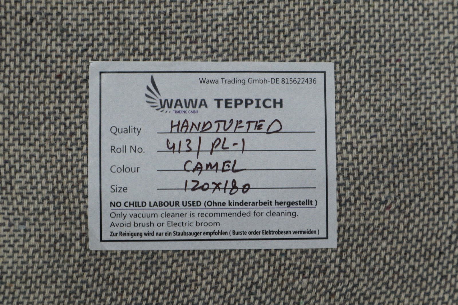 Gabbeh Teppich 100% Wolle Kamelbraun Uni Farbe 120x180 cm Handgemacht PL1