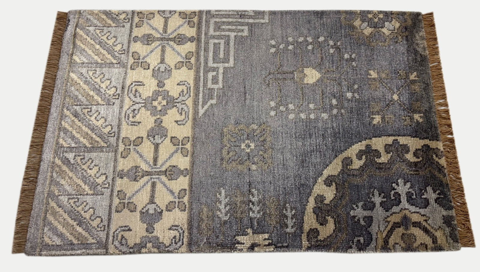 Handgeknüpfter Wollteppich 60x90 cm Kurzflor Modern Blau Beige Teppich D750