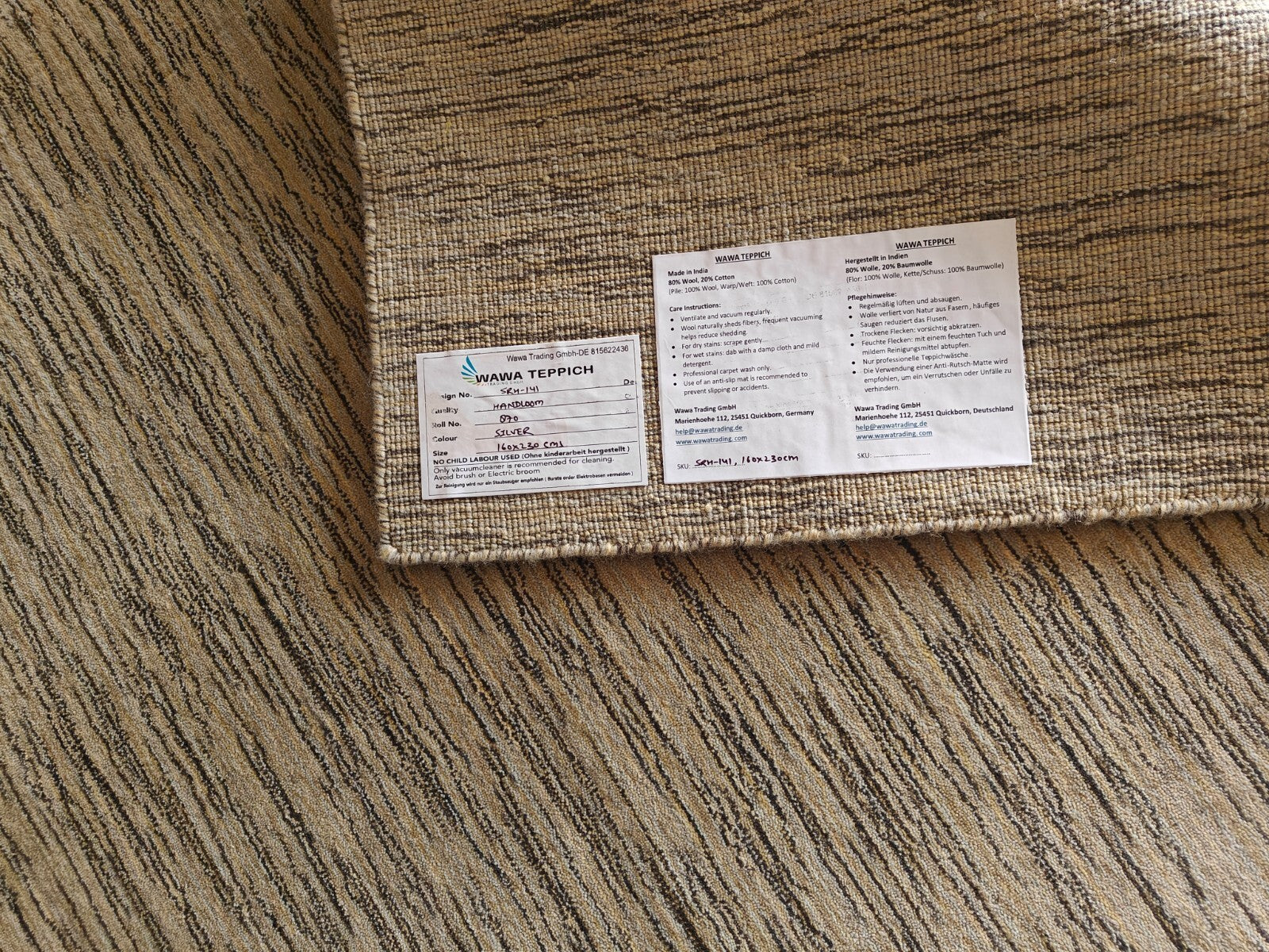 Handgewebter Teppich 160x230 Silber Glanzoptik Wolle Wohnzimmer SH141