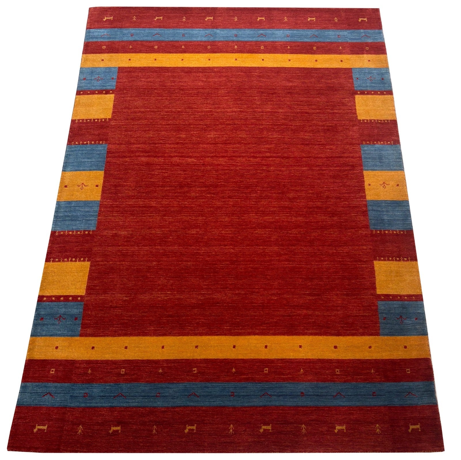 Wollteppich 200x300 Rot Blau Gelb Handgewebt Modern Unikat Orient Teppich