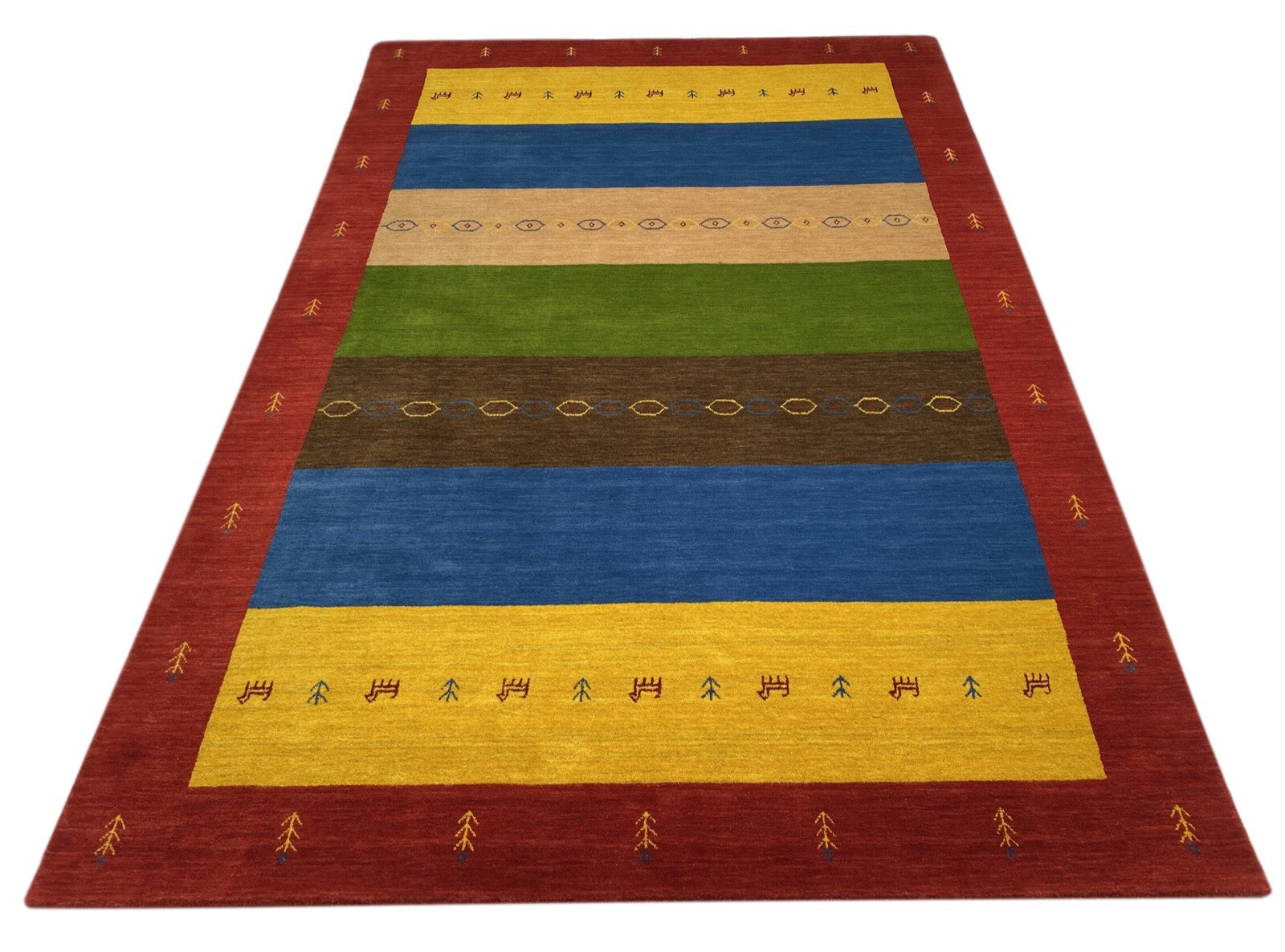 Teppich 100% Wolle 170x240 cm Grün Blau Gold Handgewebt Gabbeh Orient BR12