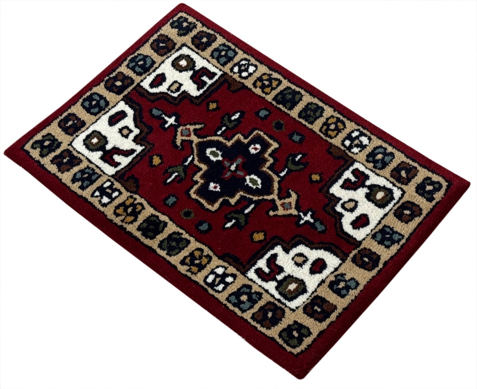 Wollteppich 40x60 Rot Beige Oriental Handgemacht TĂĽrvorleger Fussmatte HT373R