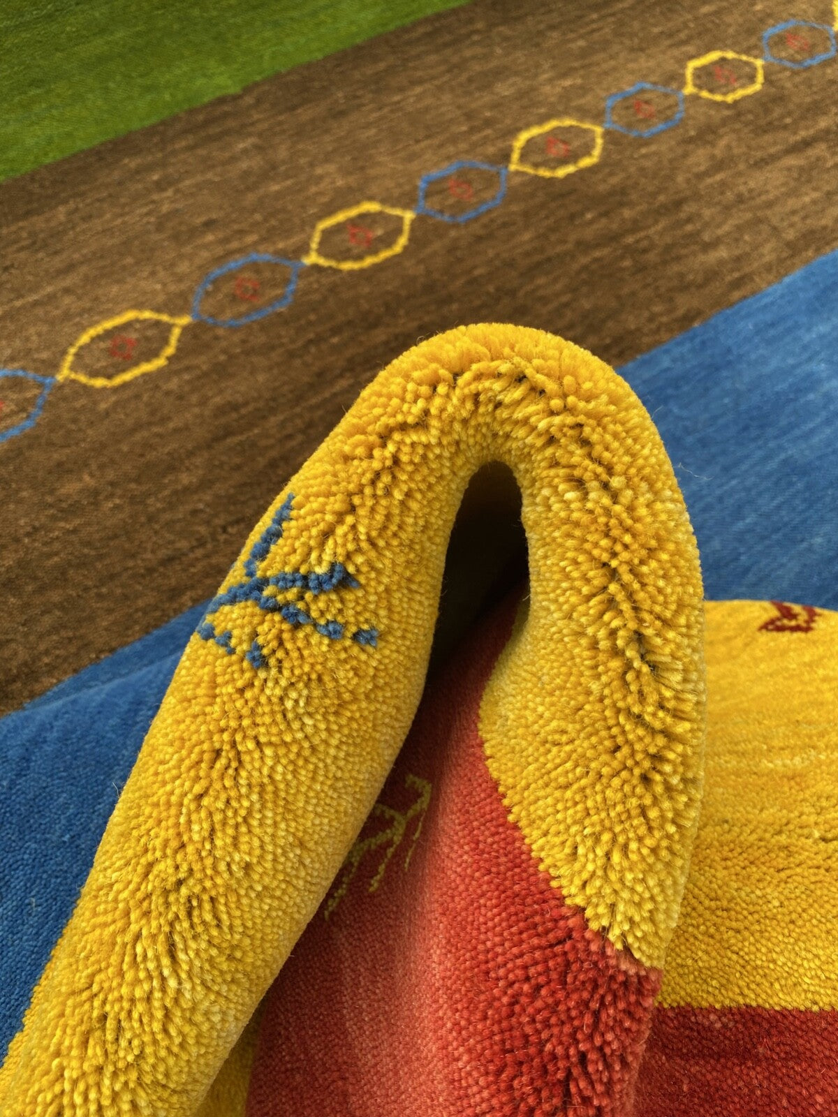 Teppich 100% Wolle 170x240 cm Grün Blau Gold Handgewebt Gabbeh Orient BR12