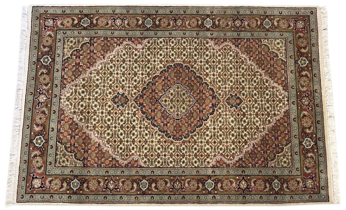 Teppich Handgeknüpfter Orientteppich Täbriz Mahi Bidjar Creme 125x183 cm M9 M1