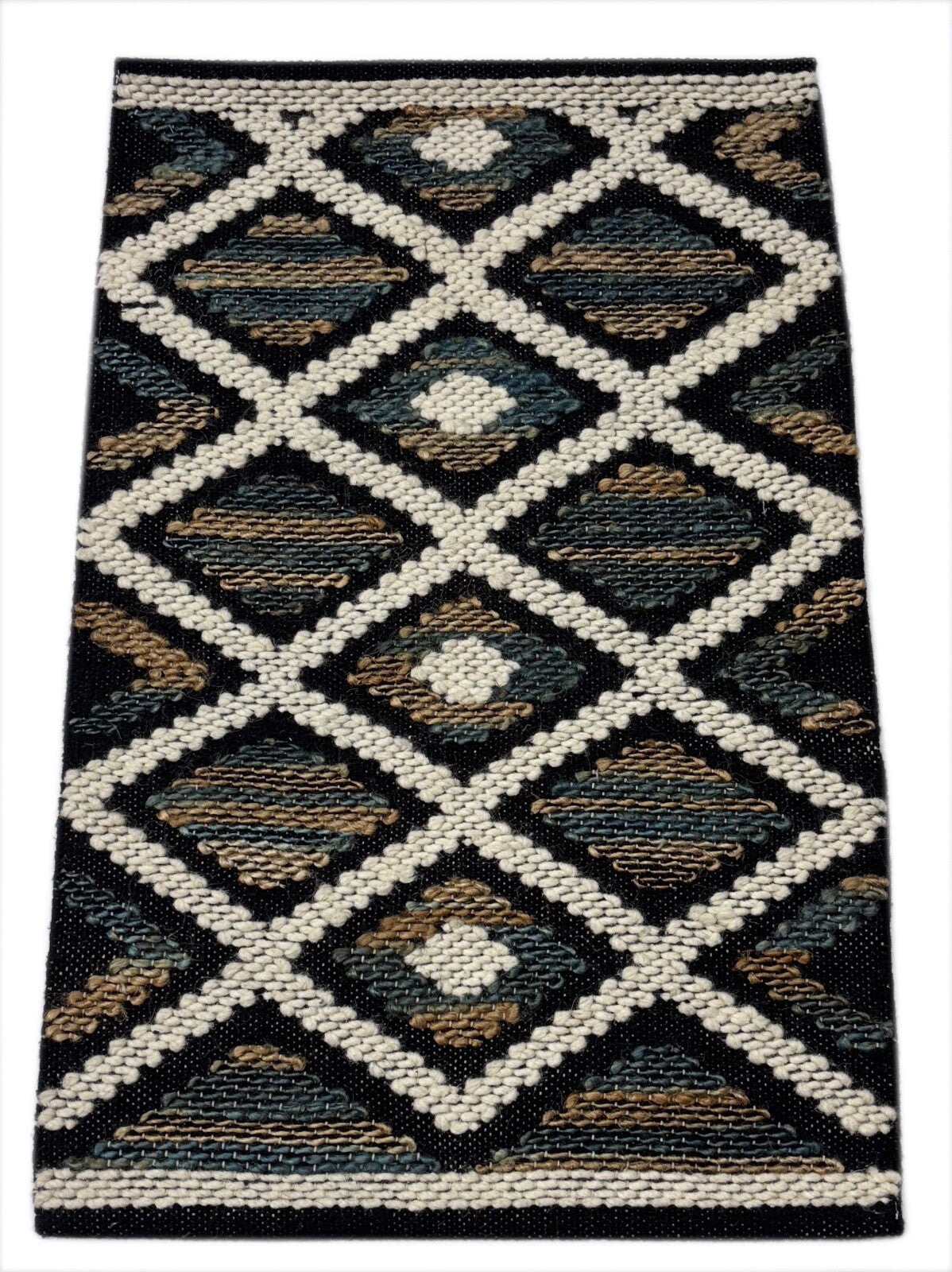 Handgewebter Teppich 60x90cm Schwarz Naturfarben Kilim Dhurrie Wolle Jute D556