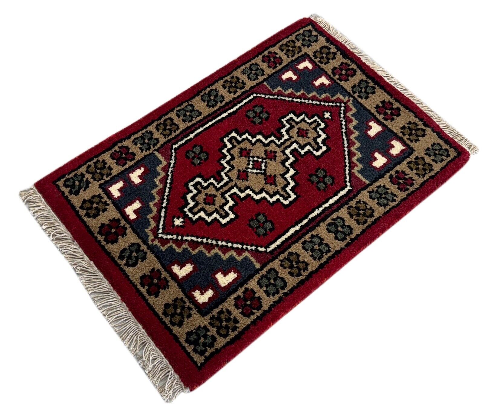 Brücke Teppich 40x60 cm Handgeknüpft Fußmatte Automatte 100% Wolle Rot Blau PH40