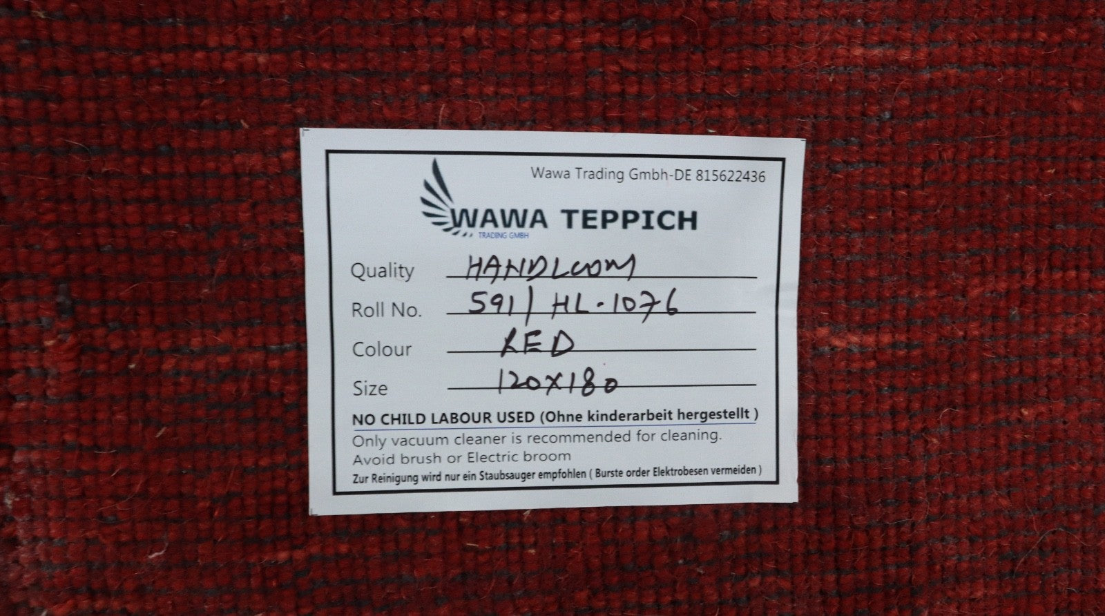 Handgewebter Gabbeh Teppich 100% Wolle Rot Unifarben 120x180 cm HL1076