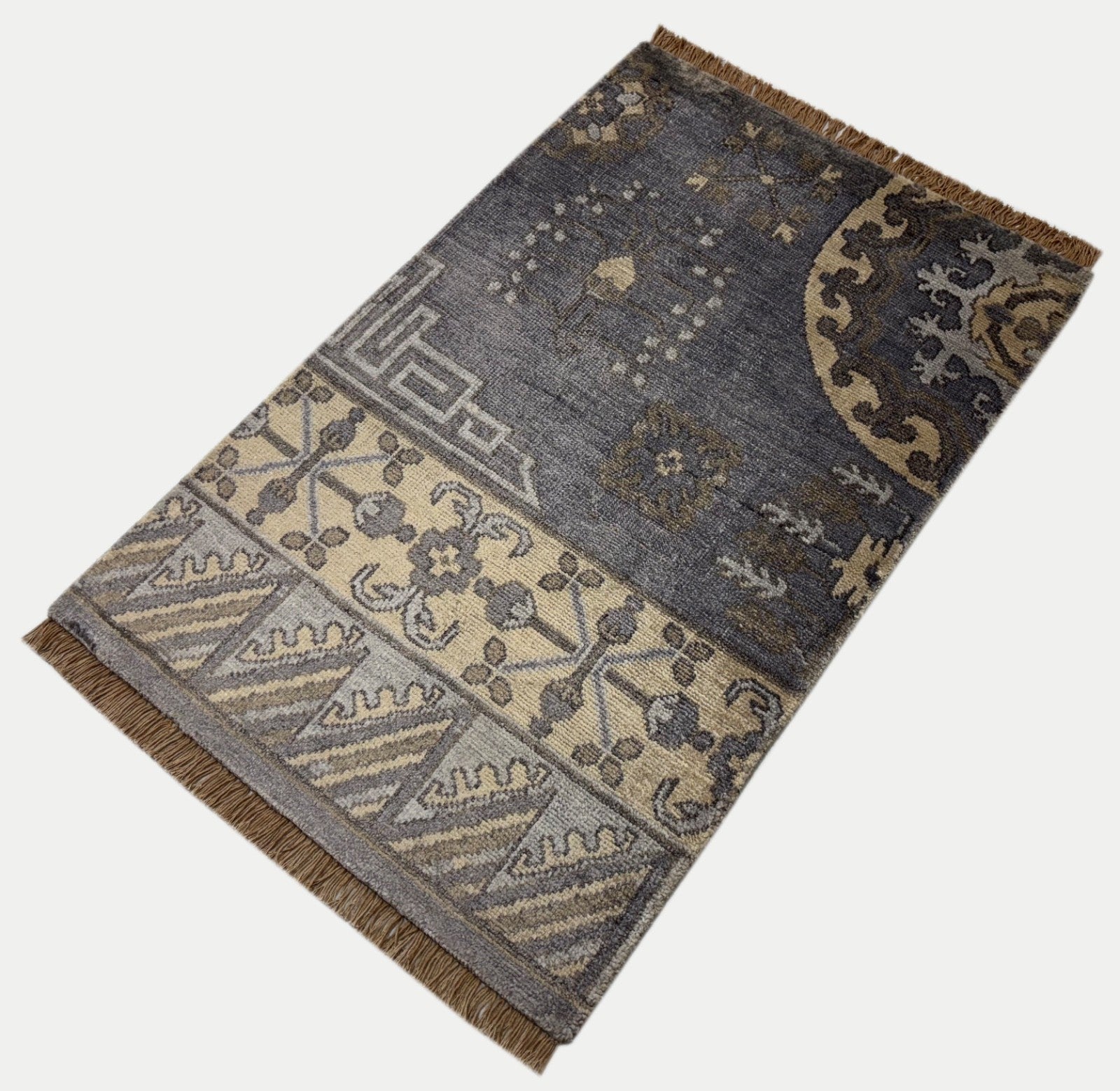 Handgeknüpfter Wollteppich 60x90 cm Kurzflor Modern Blau Beige Teppich D750