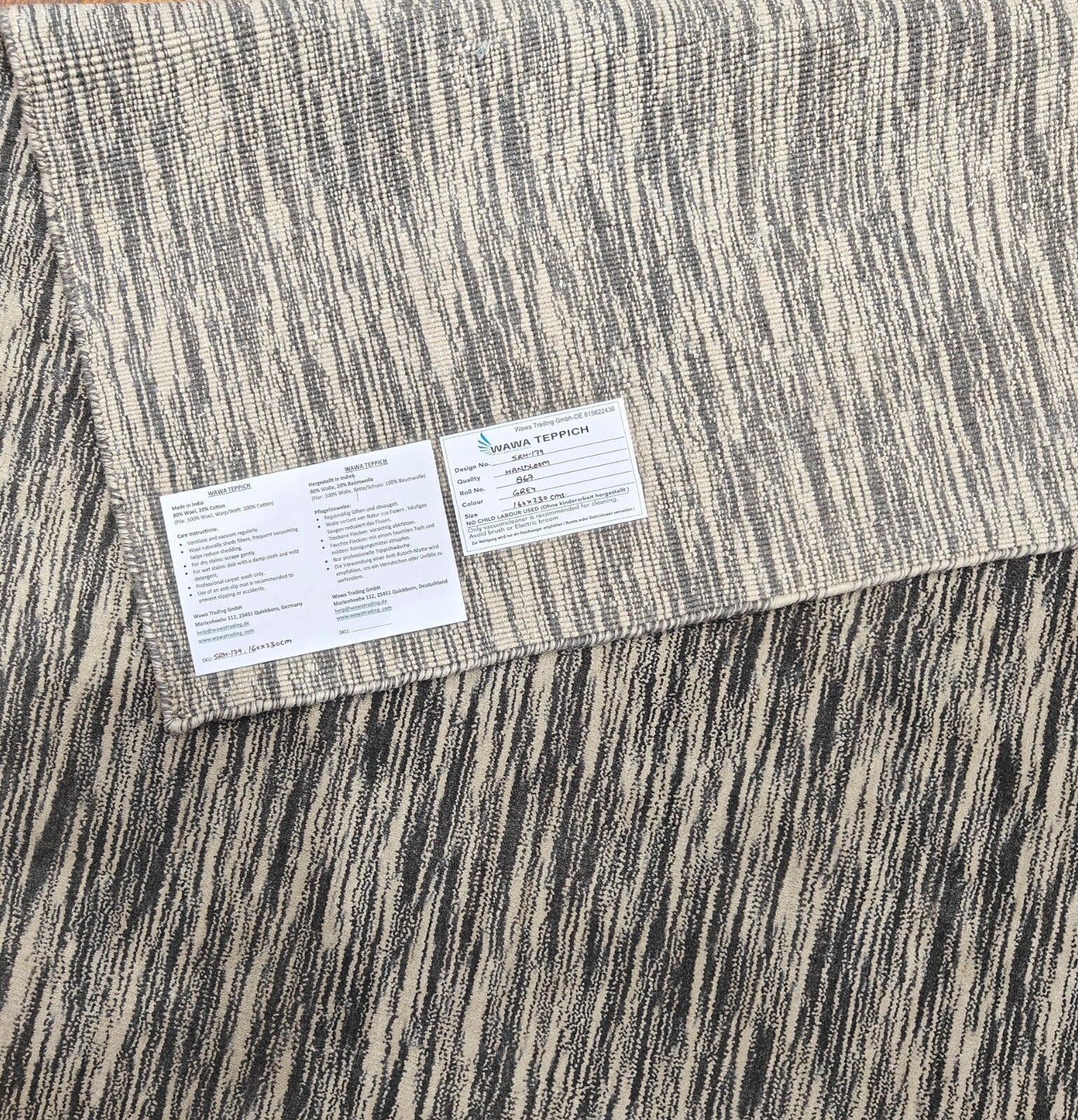 Handgewebter Teppich 160x230 Grau Glanzoptik Wolle Wohnzimmer SH179