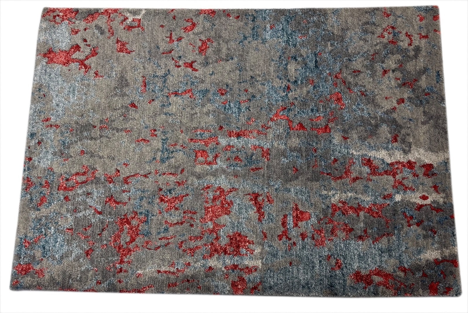 Handgeknüpfter Wollteppich 60x90 cm Grau Rot Modern Design mit Seidenglanz R118