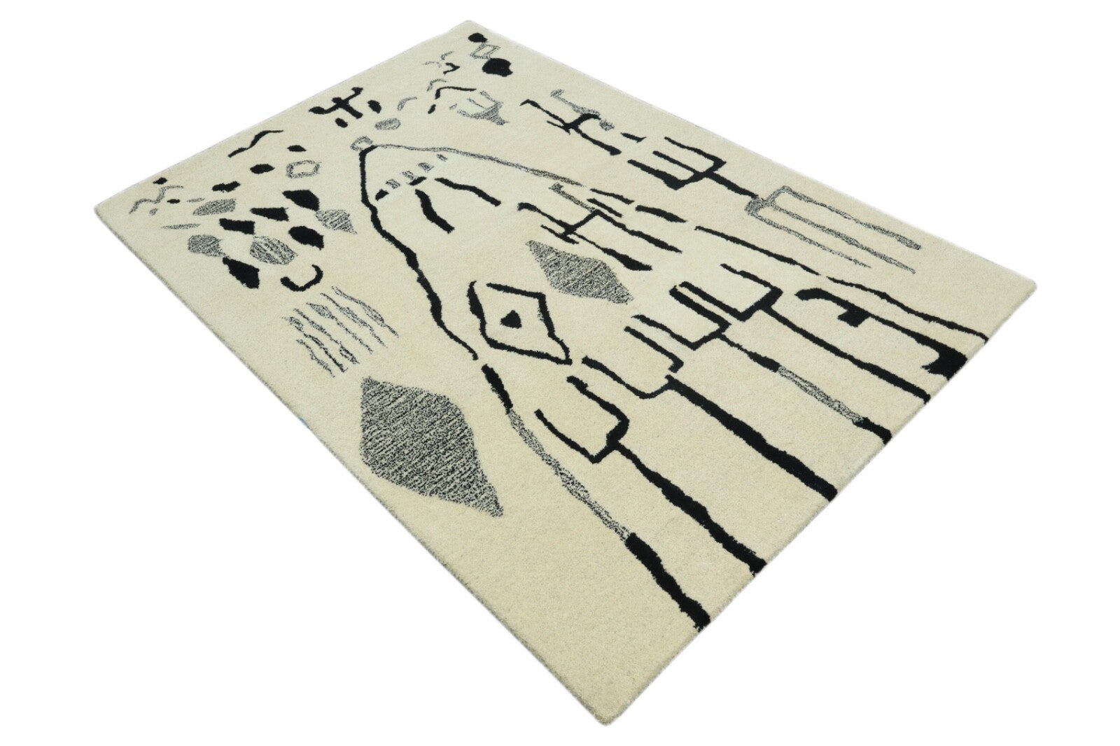 Tappeto in lana 120x180 Beige Nero Motivo etnico astratto Tappeto annodato a mano 307