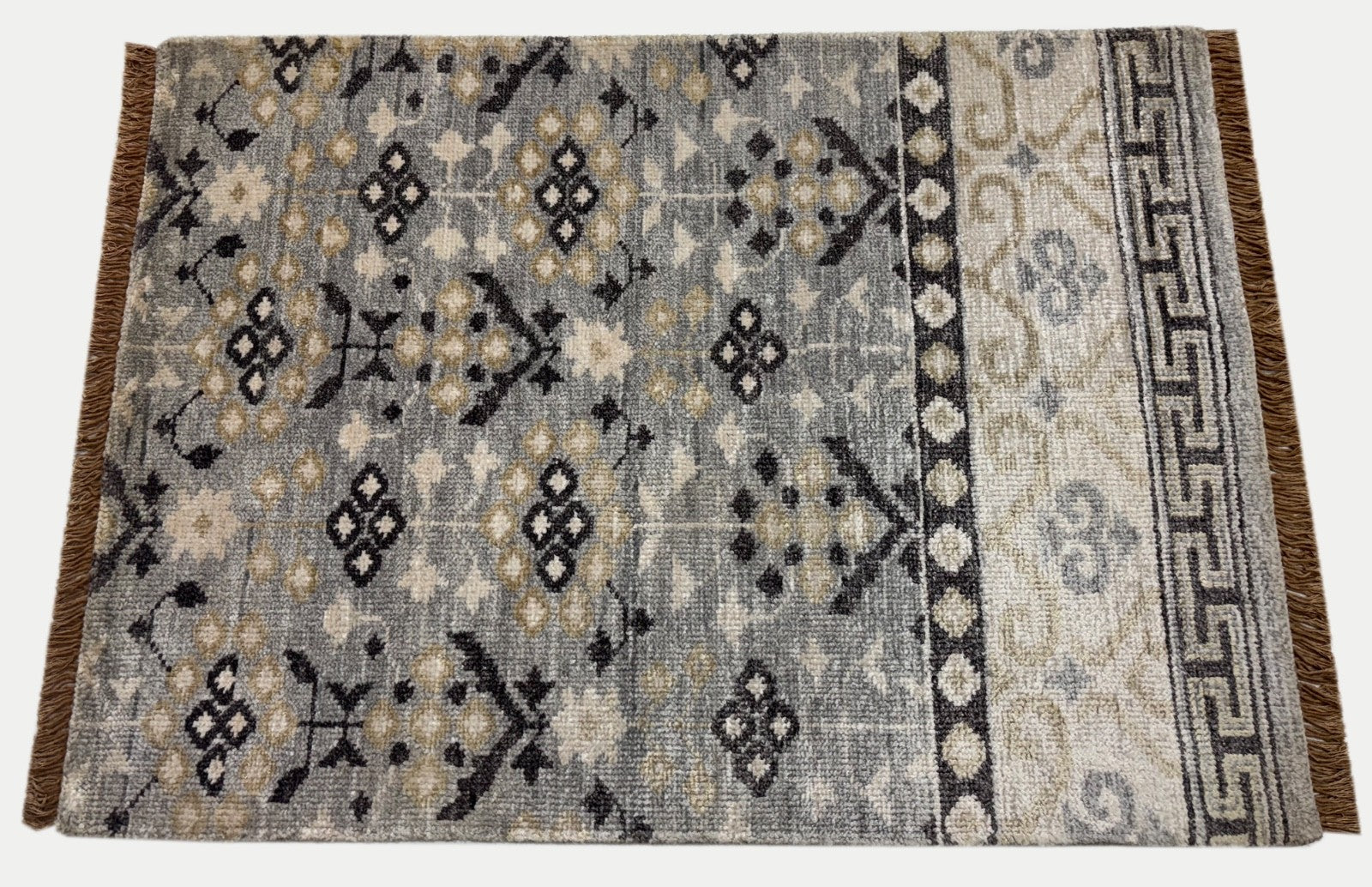 Handgeknüpfter Wollteppich 60x90 cm Kurzflor Modern Grau Beige Teppich D747