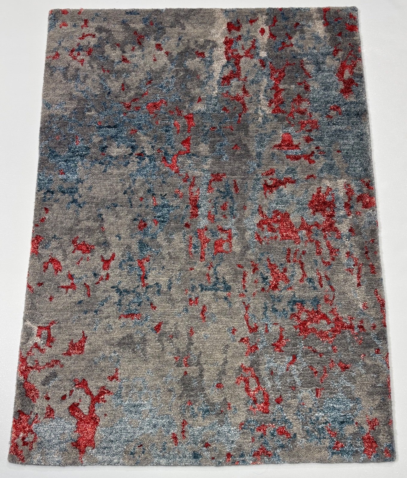 Handgeknüpfter Wollteppich 60x90 cm Grau Rot Modern Design mit Seidenglanz R118