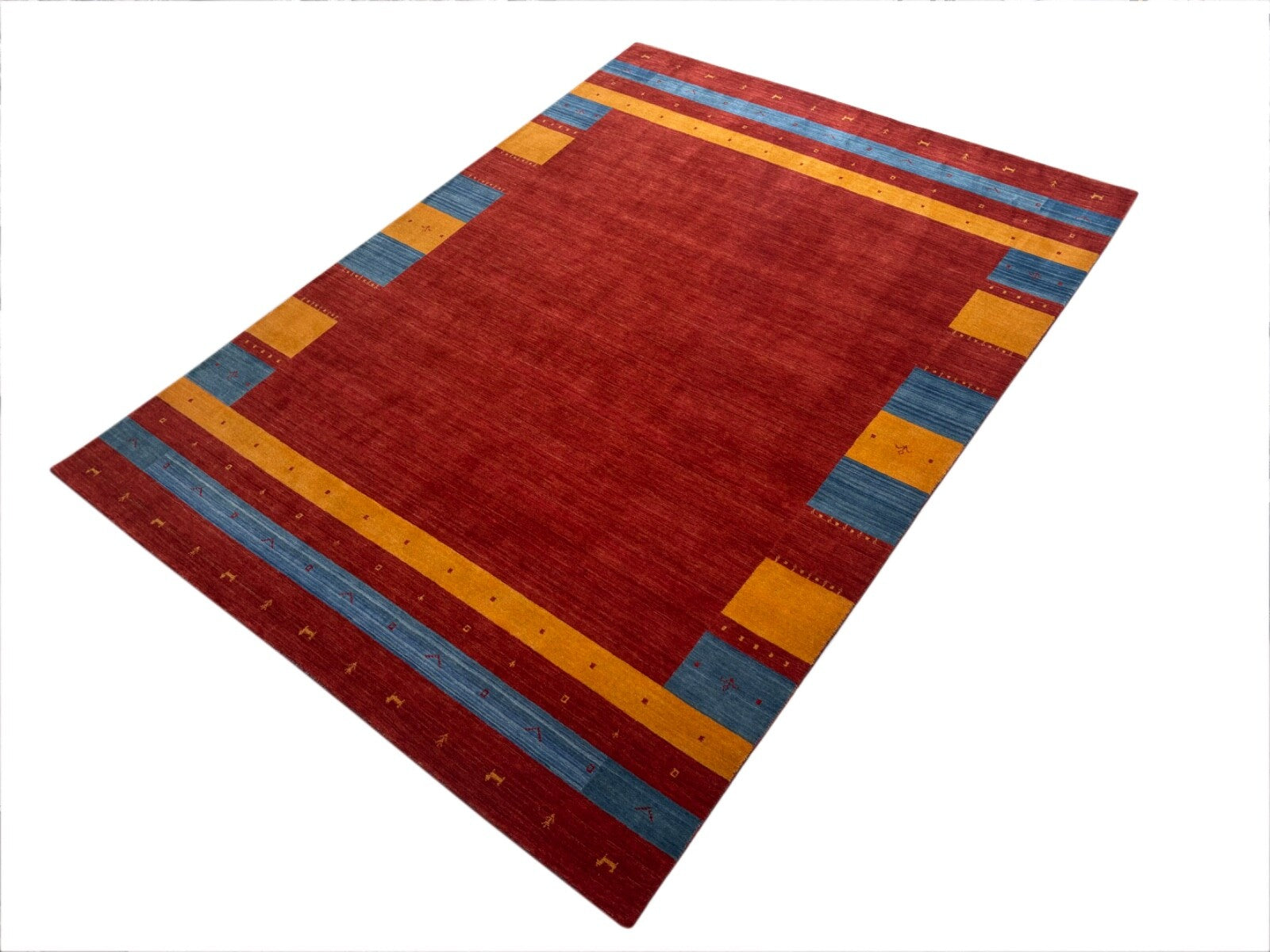 Wollteppich 250x350 Rot Blau Gelb Handgewebt Modern Unikat Orient Teppich Br13