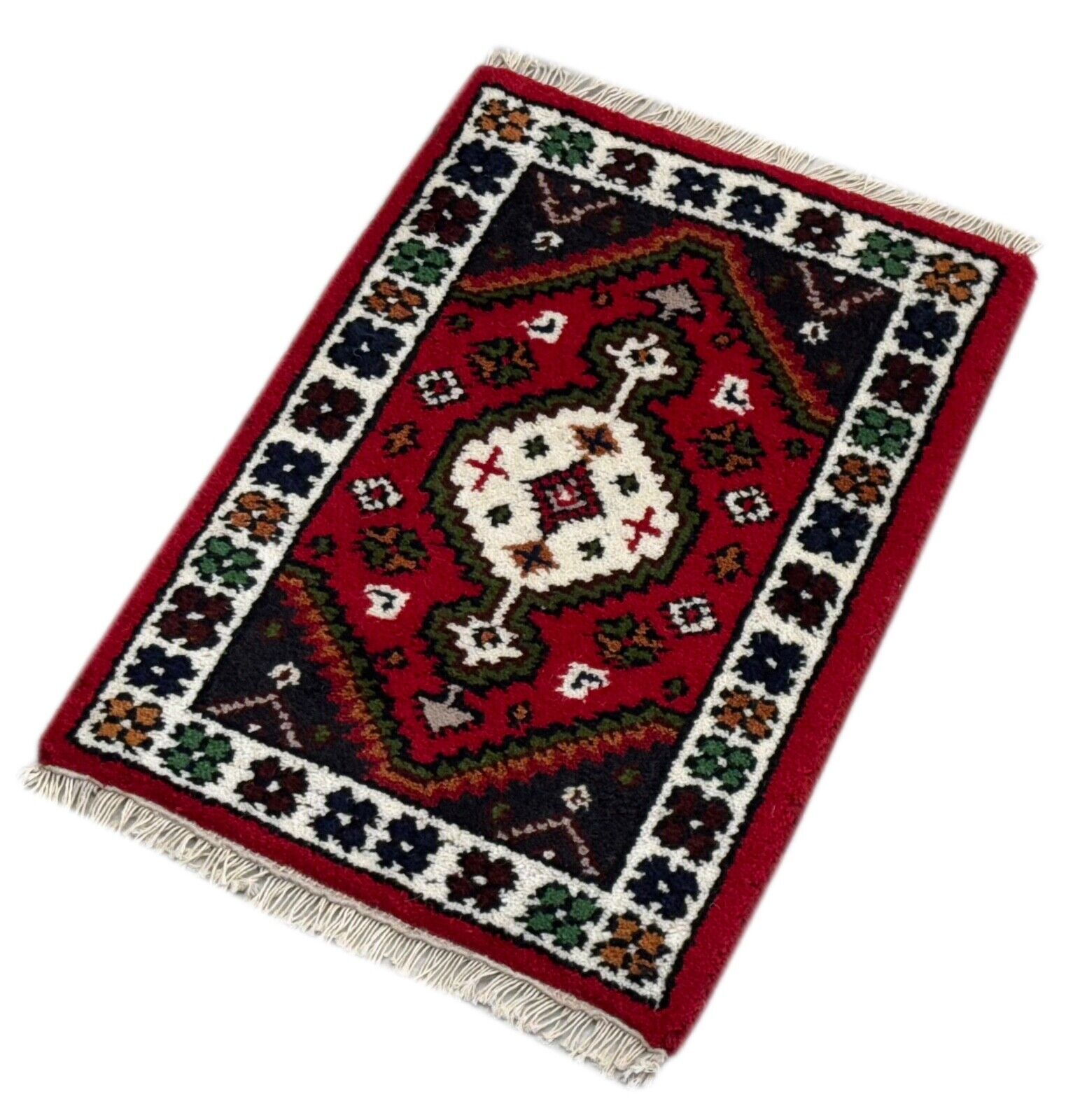 Brücke Teppich 40x60 cm Handgeknüpft Fußmatte Automatte 100% Wolle Rot Blau PH42