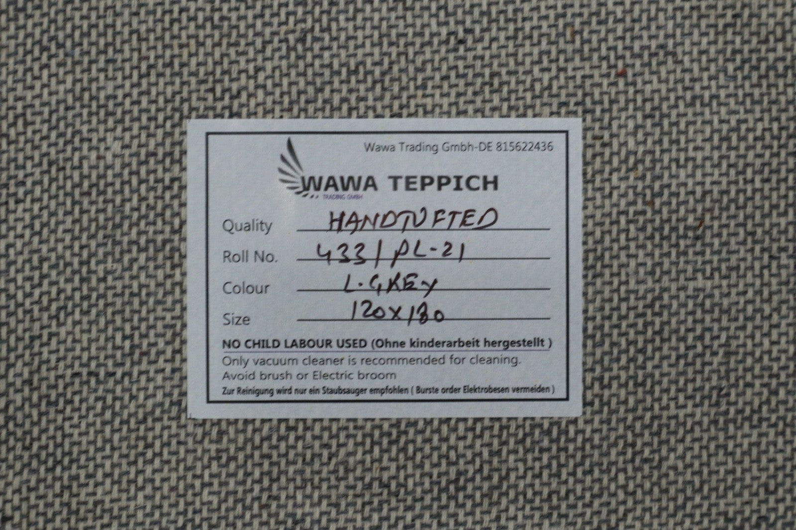 Gabbeh Teppich 100% Wolle Hellgrau Uni Farbe 120x180 cm Handgemacht PL21