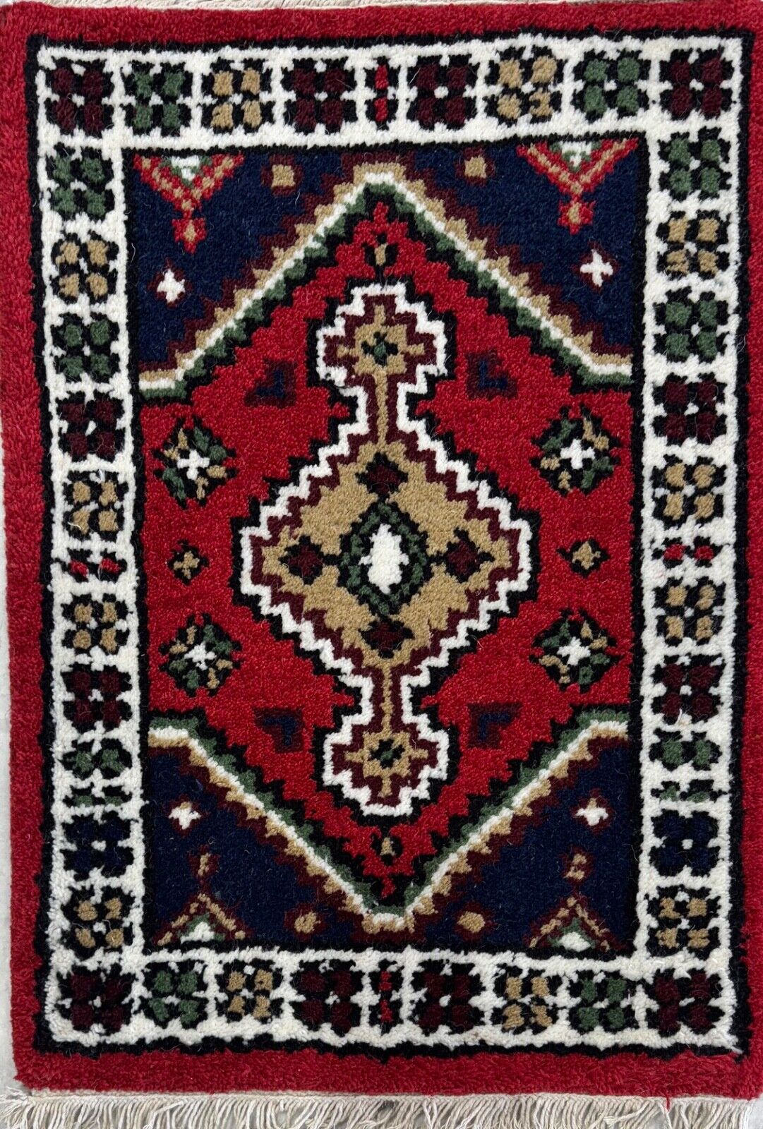 Brücke Teppich 40x60 cm Handgeknüpft Fußmatte Automatte 100% Wolle Rot Blau PH42