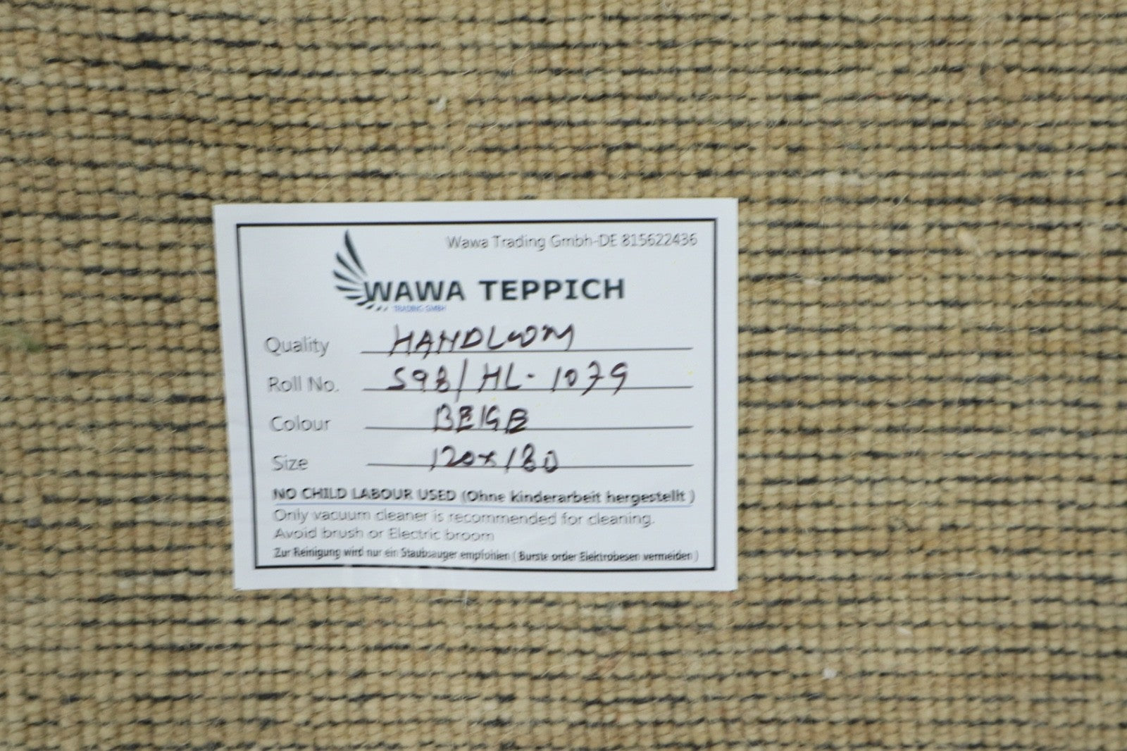 Handgewebter Gabbeh Teppich 100% Wolle Beige Unifarben 120x180 cm HL1079