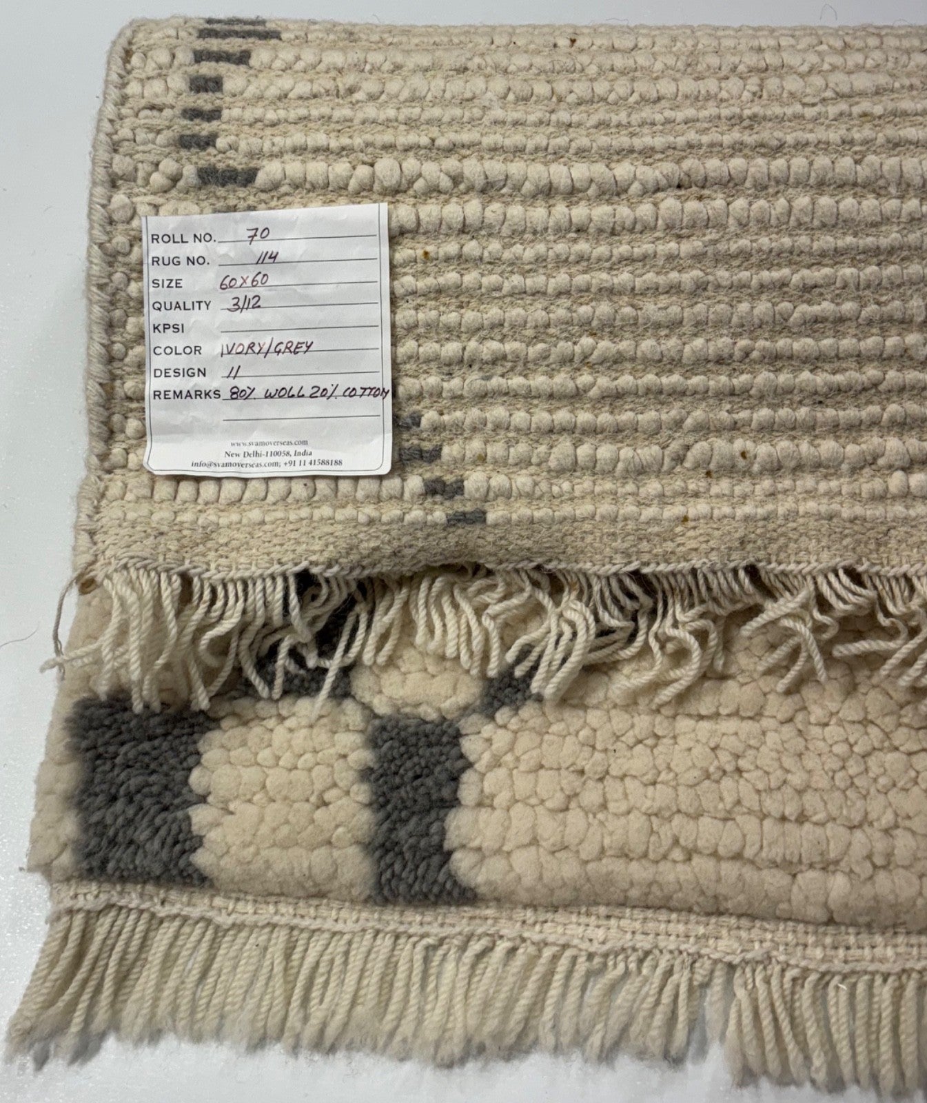 Handgefertigter Teppich 60x60 cm 100 % Wolle Weicher Ivory & Grau R70