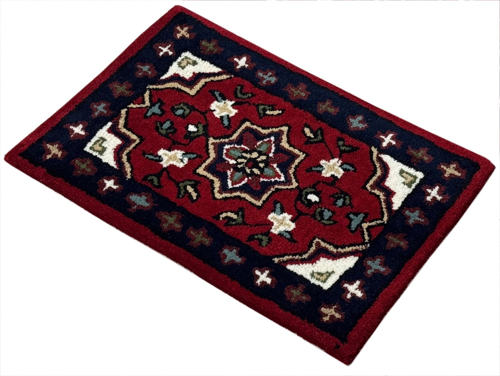 Wollteppich 40x60 Rot Beige Oriental Handgemacht Türvorleger Fussmatte HT371R