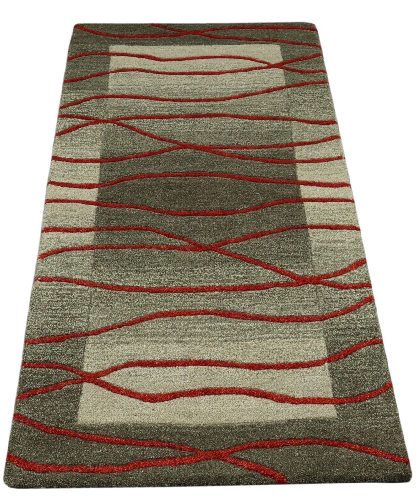 Teppich 100% Wolle 70X140 cm Handarbeit Orange Grau Hell Grün Handgetuftet T1019