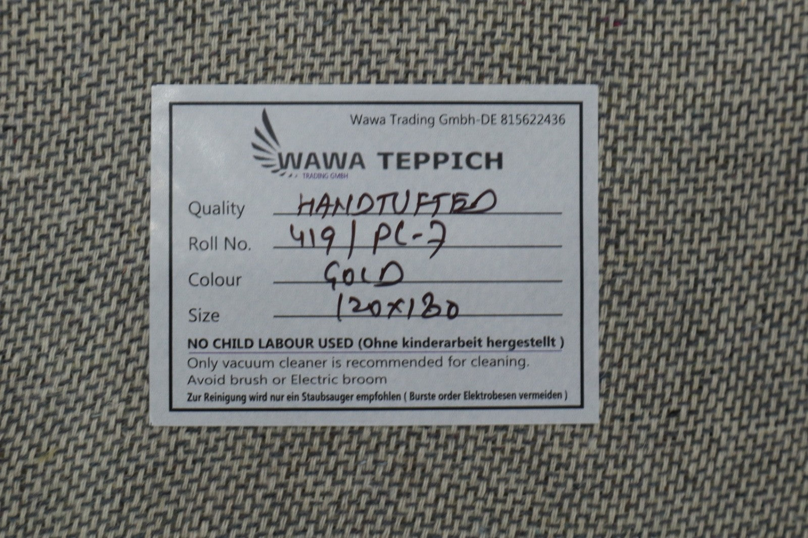 Preproga Gabbeh, 100 % volna, enobarvna zlata barva, 120 x 180 cm, ročno izdelana, PL7