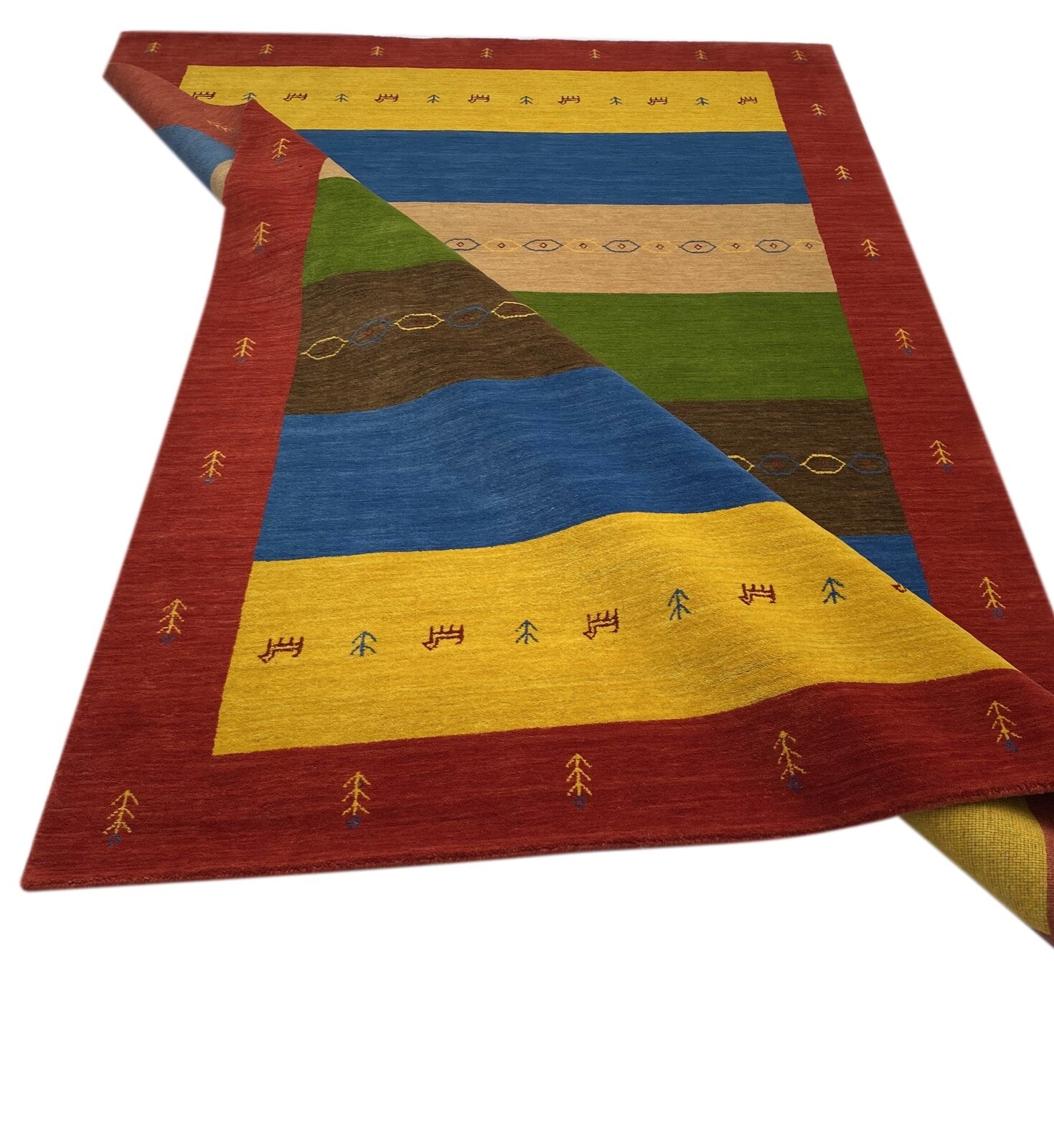 Teppich 100% Wolle 170x240 cm Grün Blau Gold Handgewebt Gabbeh Orient BR12