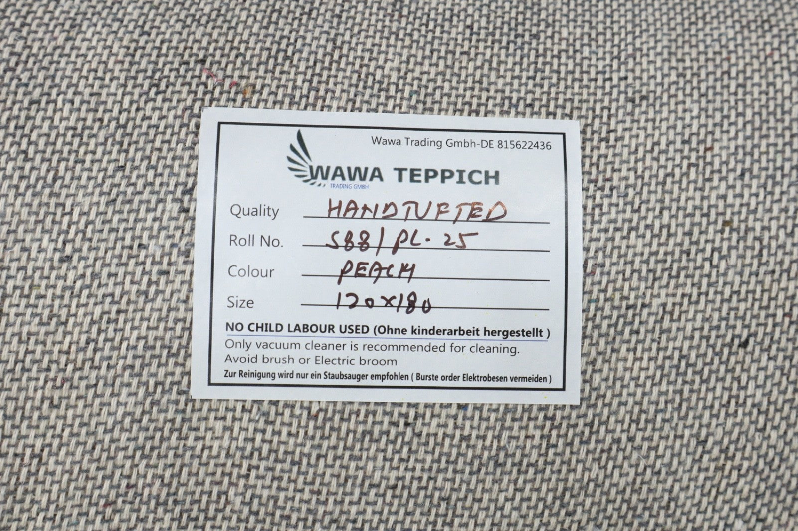 Gabbeh 地毯,100% 羊毛,蜜桃色纯色,120x180 厘米,手工制作,PL25