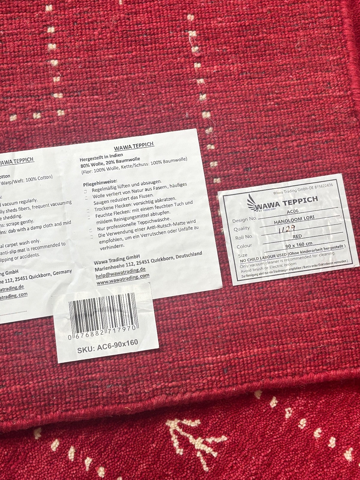 Rot Teppich 100% Wolle Handgefertigt 90X160 cm Handgewebt Gabbeh Orient AC06