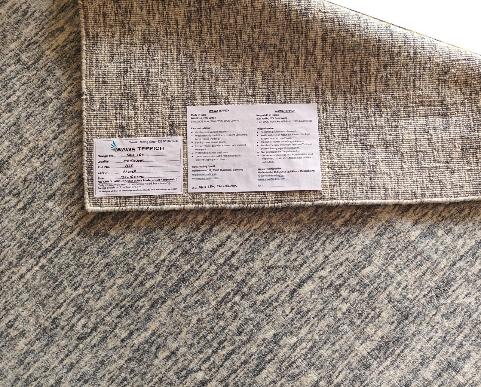 Handgewebter Teppich 120x180 Silber Glanzoptik Wolle Wohnzimmer SH180