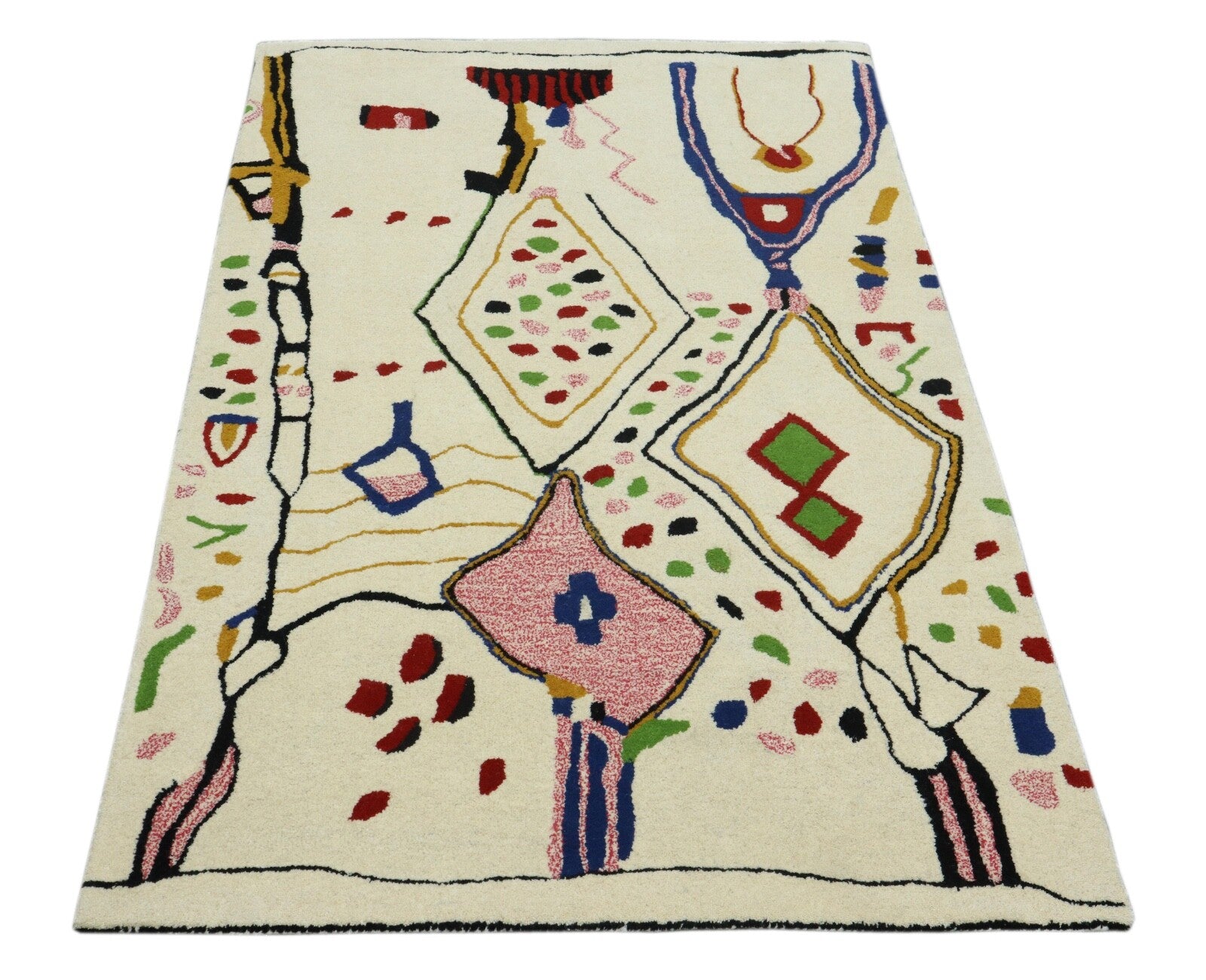 Vilnonis kilimas 120x180 smėlio spalvos, spalvingas etninis marokietiškas kilimas, rankomis siūtas, modernus HT315