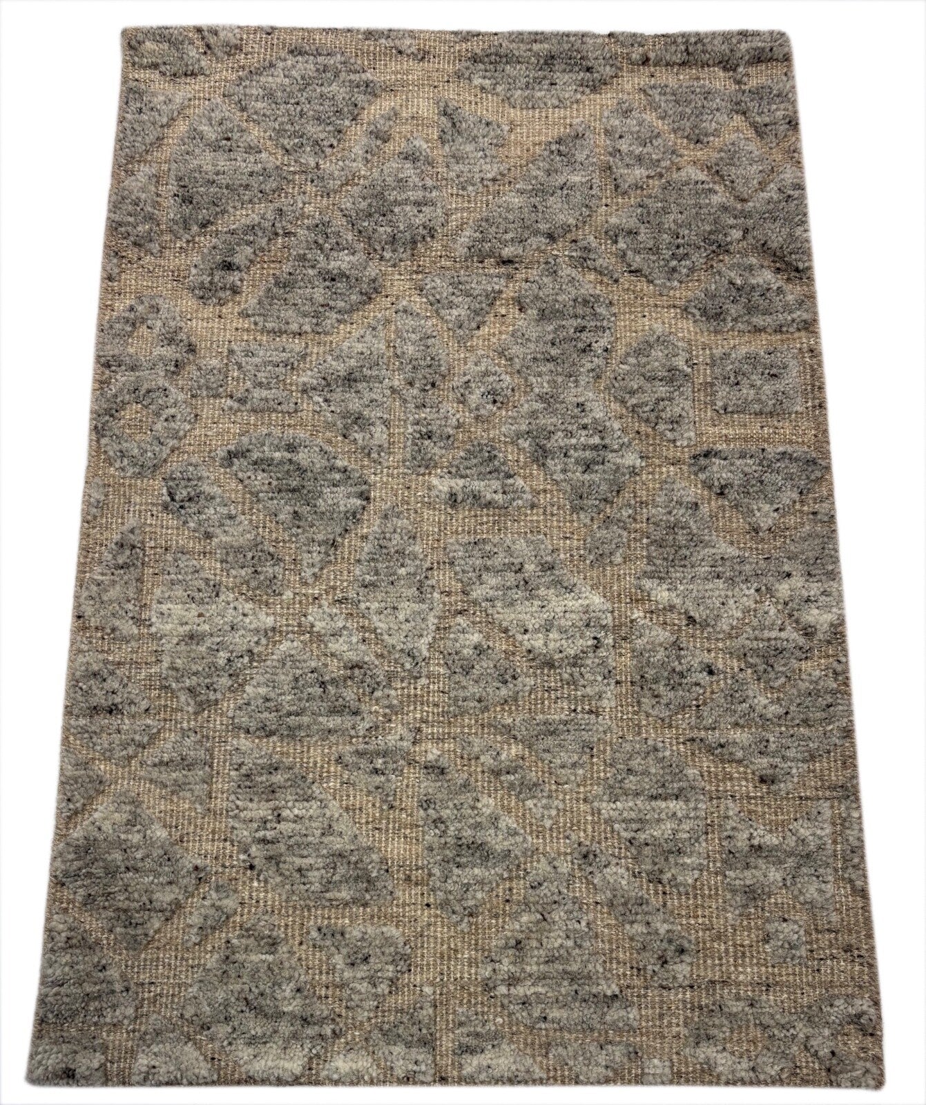 Handgeknüpfter Wollteppich 60x90cm Naturgrau Modern Geometrisch D769