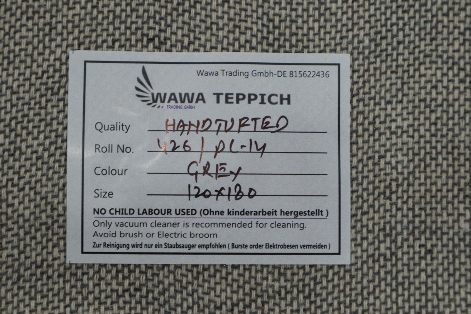 Preproga Gabbeh, 100 % volna, enobarvna siva, 120 x 180 cm, ročno izdelana, PL14