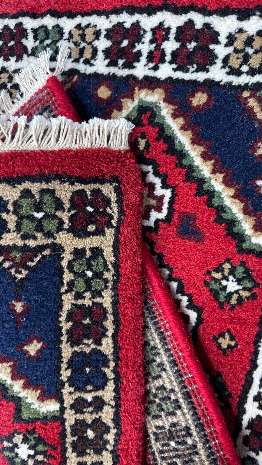 Brücke Teppich 40x60 cm Handgeknüpft Fußmatte Automatte 100% Wolle Rot Blau PH42