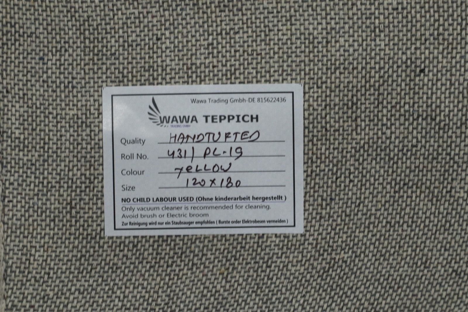 Gabbeh Teppich 100% Wolle Gelb Uni Farbe 120x180 cm Handgemacht PL19