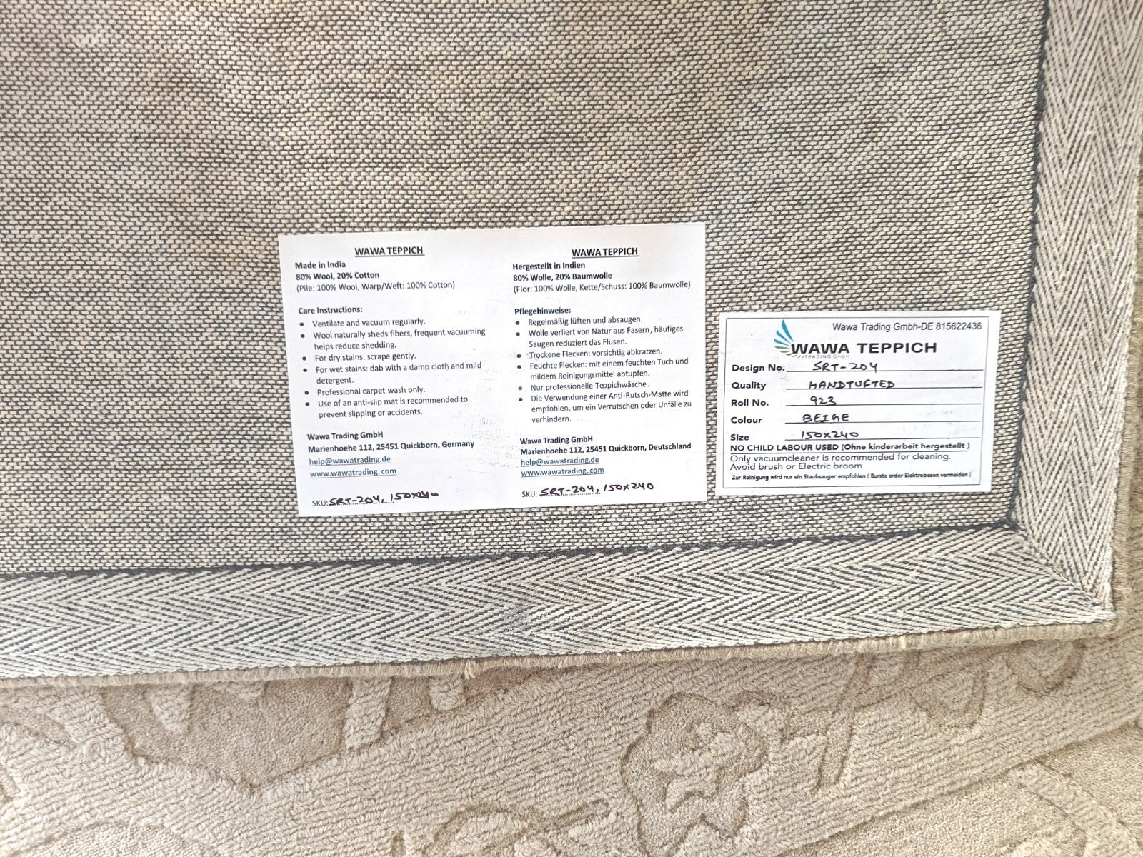 Handgetufteter Wollteppich 150x240 Creme Design mit Rand Wohnzimmer SH204