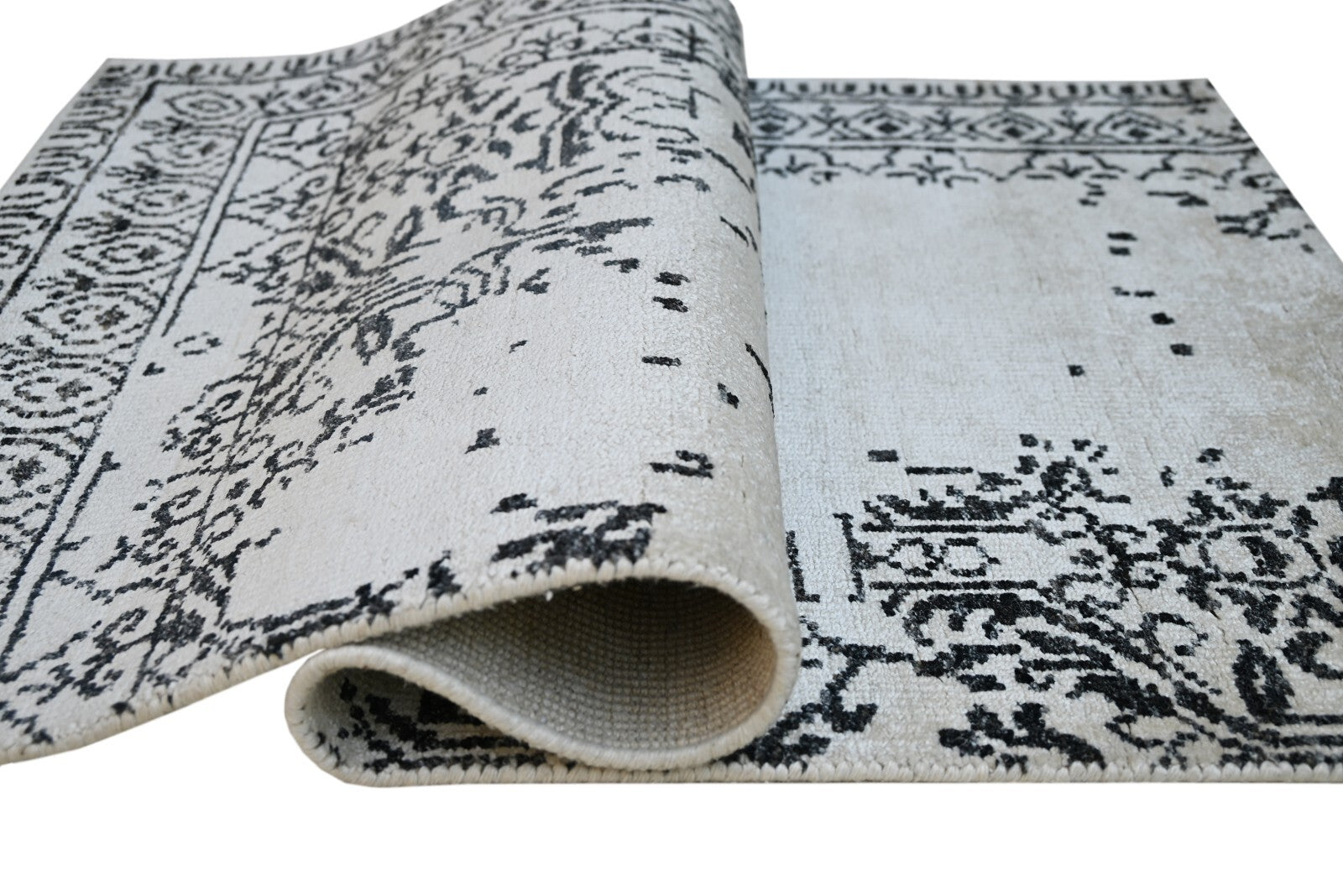 Modern, kézzel csomózott bambusz szőnyeg 90x150 vintage fehér ezüst nappali szőnyeg SH172